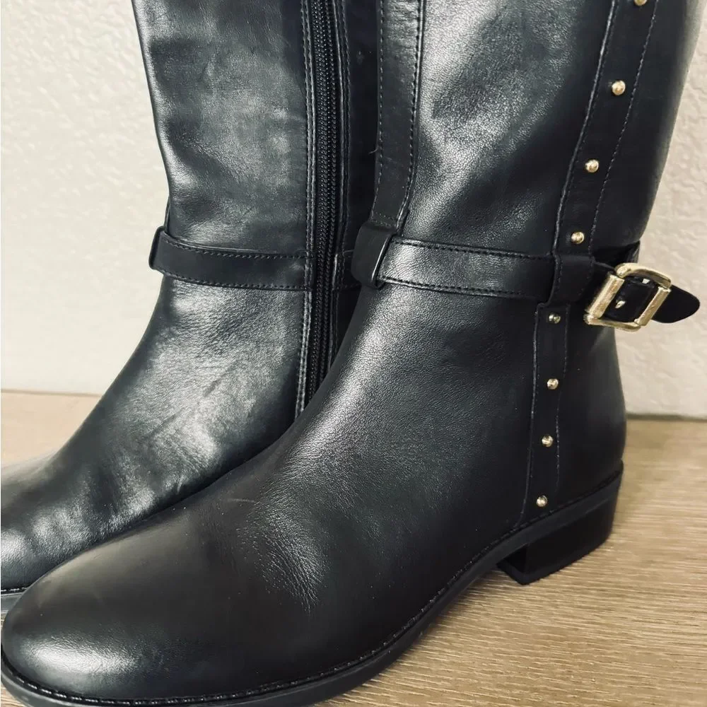 Vince Camuto Black Leather Gold Studded Riding Boots 6